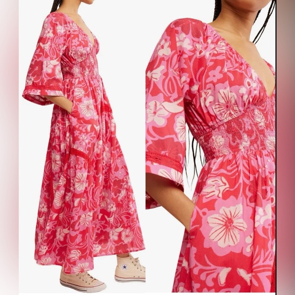 NEW FREE PEOPLE Printed Smocked Waist floral print Maxi Ruby combo Dress sz S - Picture 3 of 8